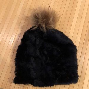 Black Rabbit Fur Hat with Pom Pom